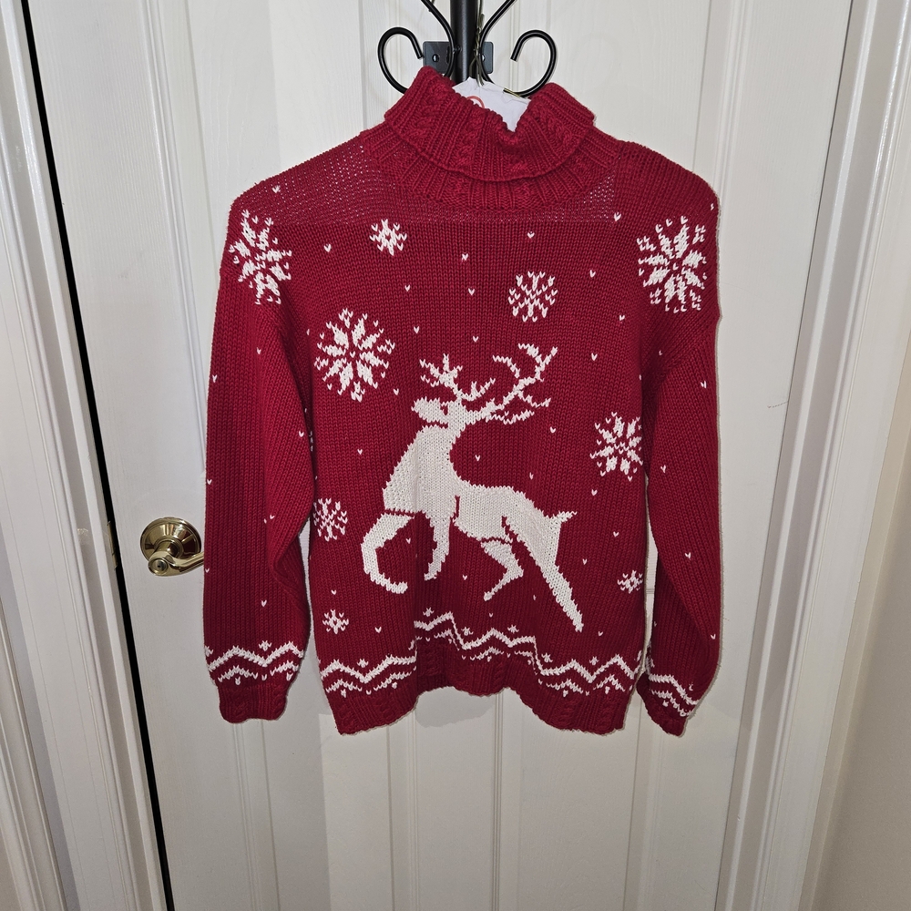 Christmas Season Tiara Red & White Reindeer Women's Turtleneck Sweater